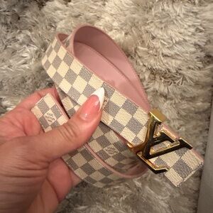 Louis Vuitton Damier Azur Checkered Belt with Pink Leather and Gold Buckle